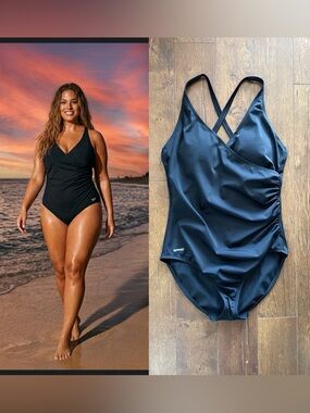 Speedo Plus Size 16 Surplice Side Ruched One Piece Bathing Swimsuit. Black.